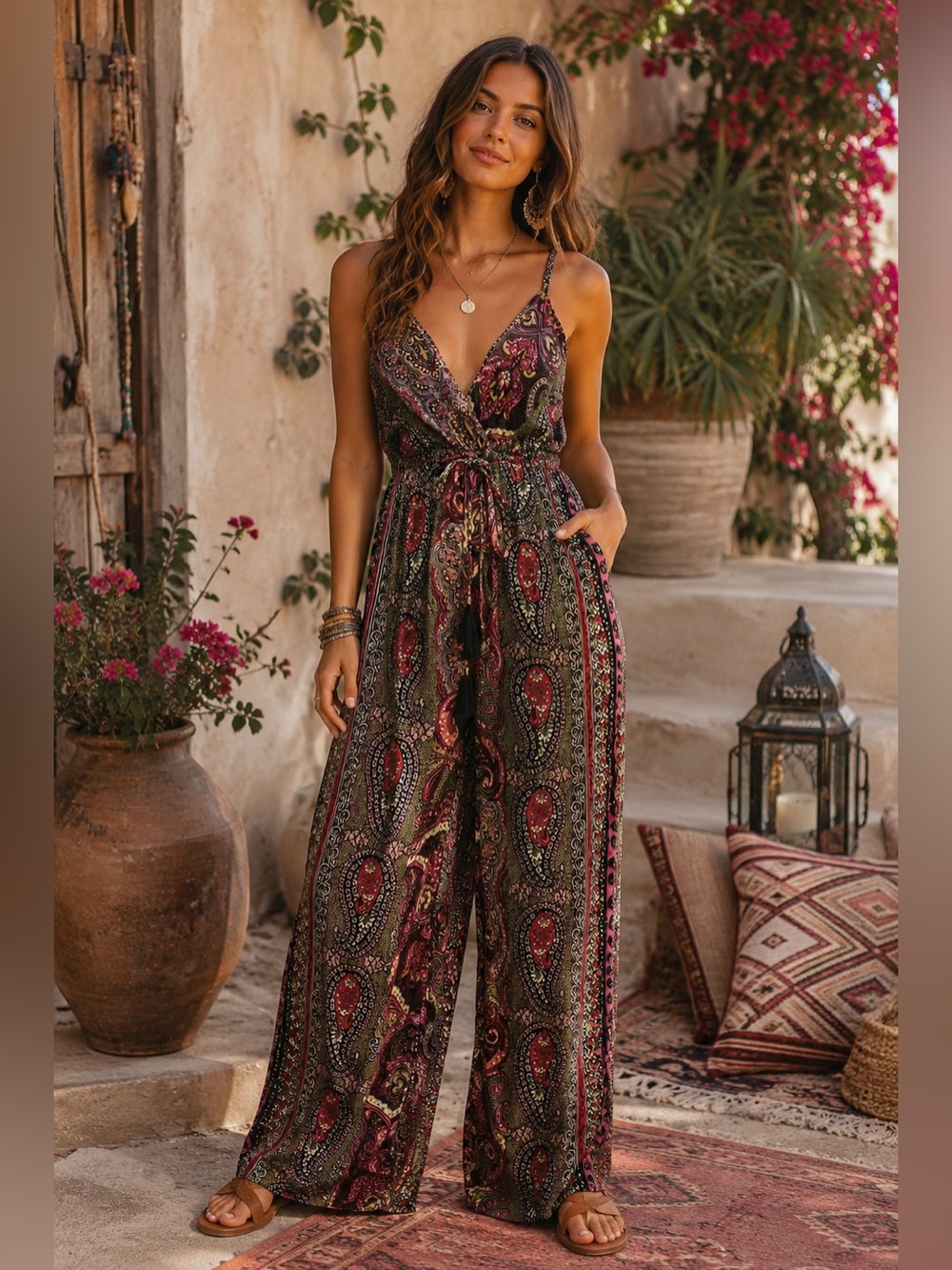 Boho Fashion Paisley Wide Leg Jumpsuit Bohemian Festival